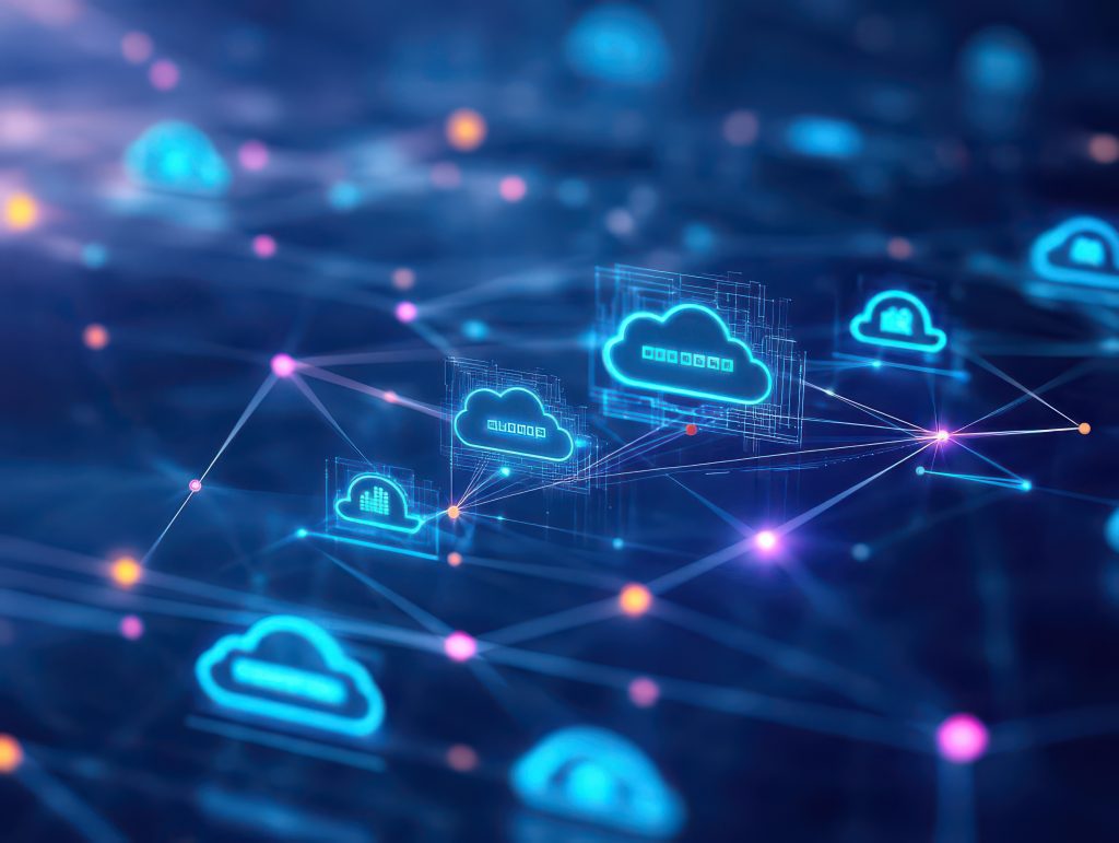 Digital clouds connected by data lines